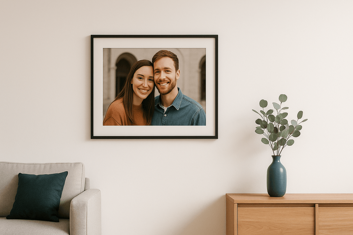 Modern living room with framed photos