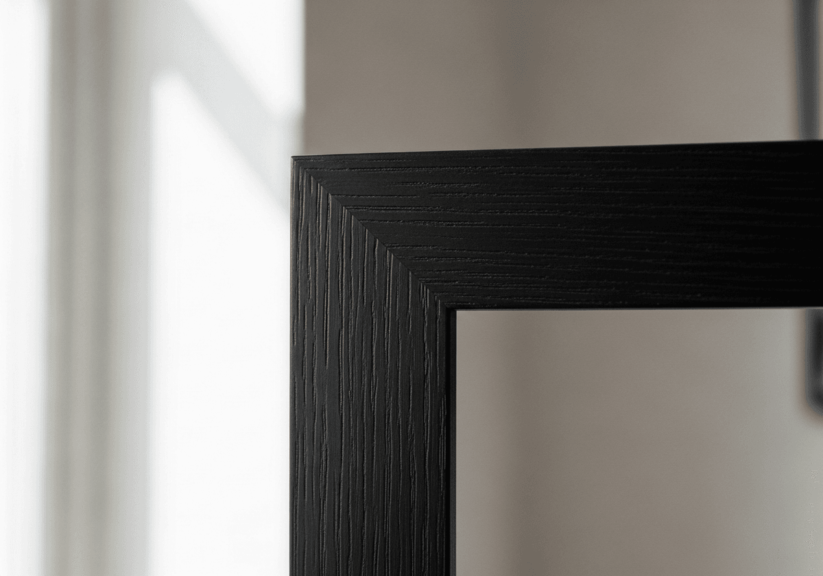 Close-up detail of matte black ash wood frame showing smooth finish and subtle texture. Natural window light, soft diffused. Scandinavian minimal home background (off‑white #FAFAFA walls), slightly out of focus. Editorial lifestyle realism, 35–50mm lens look at ~f/2.8–f/4, shallow depth of field. Tactile detail on matte paint finish. Kodak Portra 400 filmic color, gentle contrast. Composition uses rule of thirds with generous negative space.