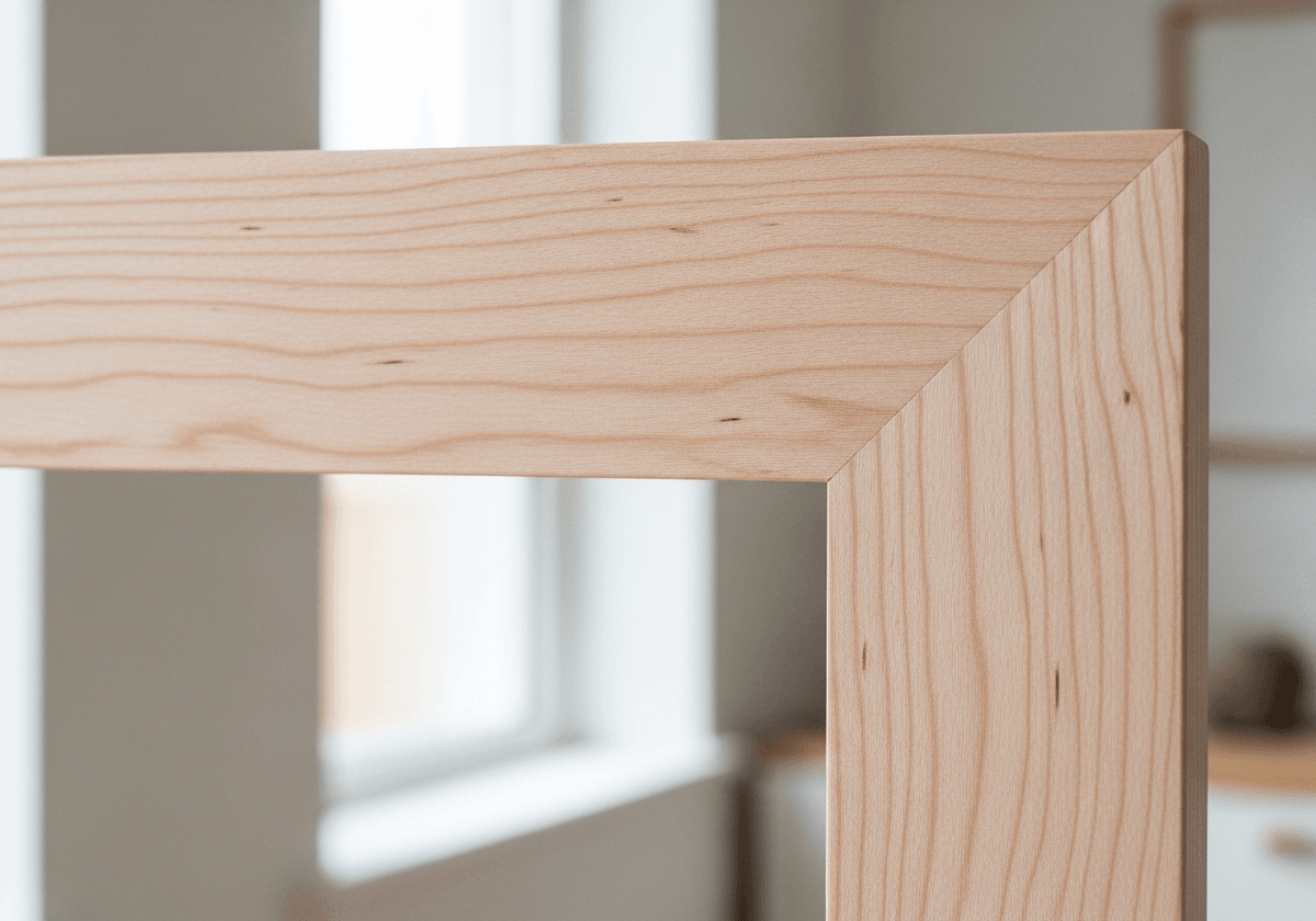 Close-up detail of natural maple wood frame showing distinct grain pattern and texture. Natural window light, soft diffused. Scandinavian minimal home background (off‑white #FAFAFA walls), slightly out of focus. Editorial lifestyle realism, 35–50mm lens look at ~f/2.8–f/4, shallow depth of field. Tactile detail on wood grain, natural texture. Kodak Portra 400 filmic color, gentle contrast. Composition uses rule of thirds with generous negative space.