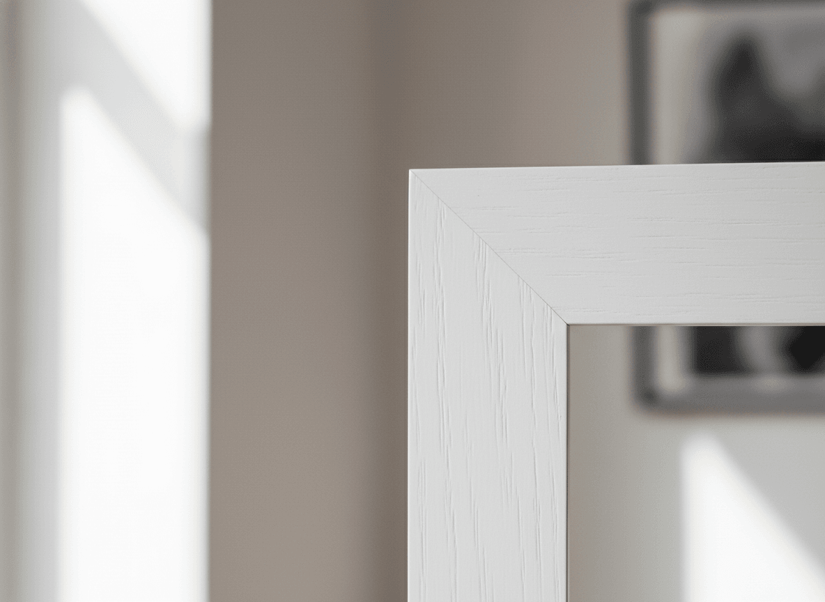 Close-up detail of matte white ash wood frame showing smooth finish and clean lines. Natural window light, soft diffused. Scandinavian minimal home background (off‑white #FAFAFA walls), slightly out of focus. Editorial lifestyle realism, 35–50mm lens look at ~f/2.8–f/4, shallow depth of field. Tactile detail on matte paint finish. Kodak Portra 400 filmic color, gentle contrast. Composition uses rule of thirds with generous negative space.