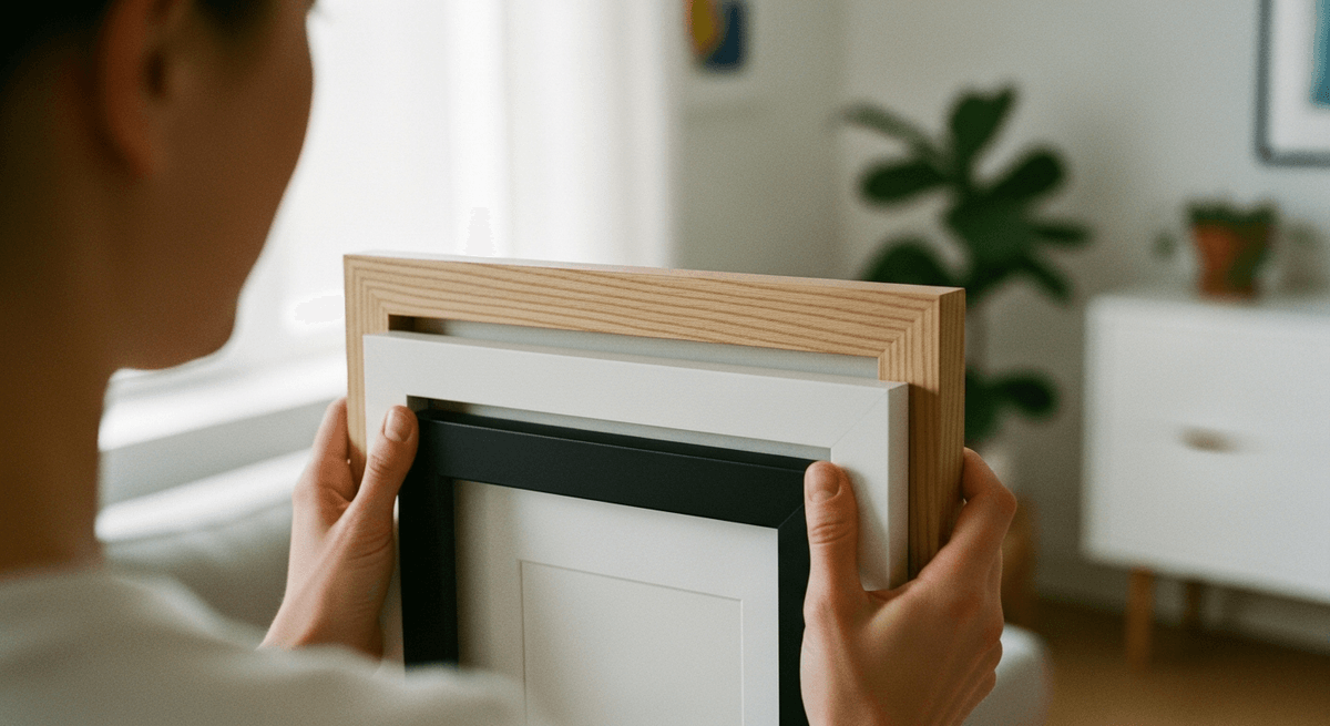 Over‑the‑shoulder medium shot: a person weighs three stacked frame corners in their hands (top: natural light wood grain, middle: matte white, bottom: matte black), angled to show crisp 45° miters and profile. We see the shoulder/side of head softly out of focus, looking toward the frames. Scandinavian minimal living room; natural window light, soft diffused.