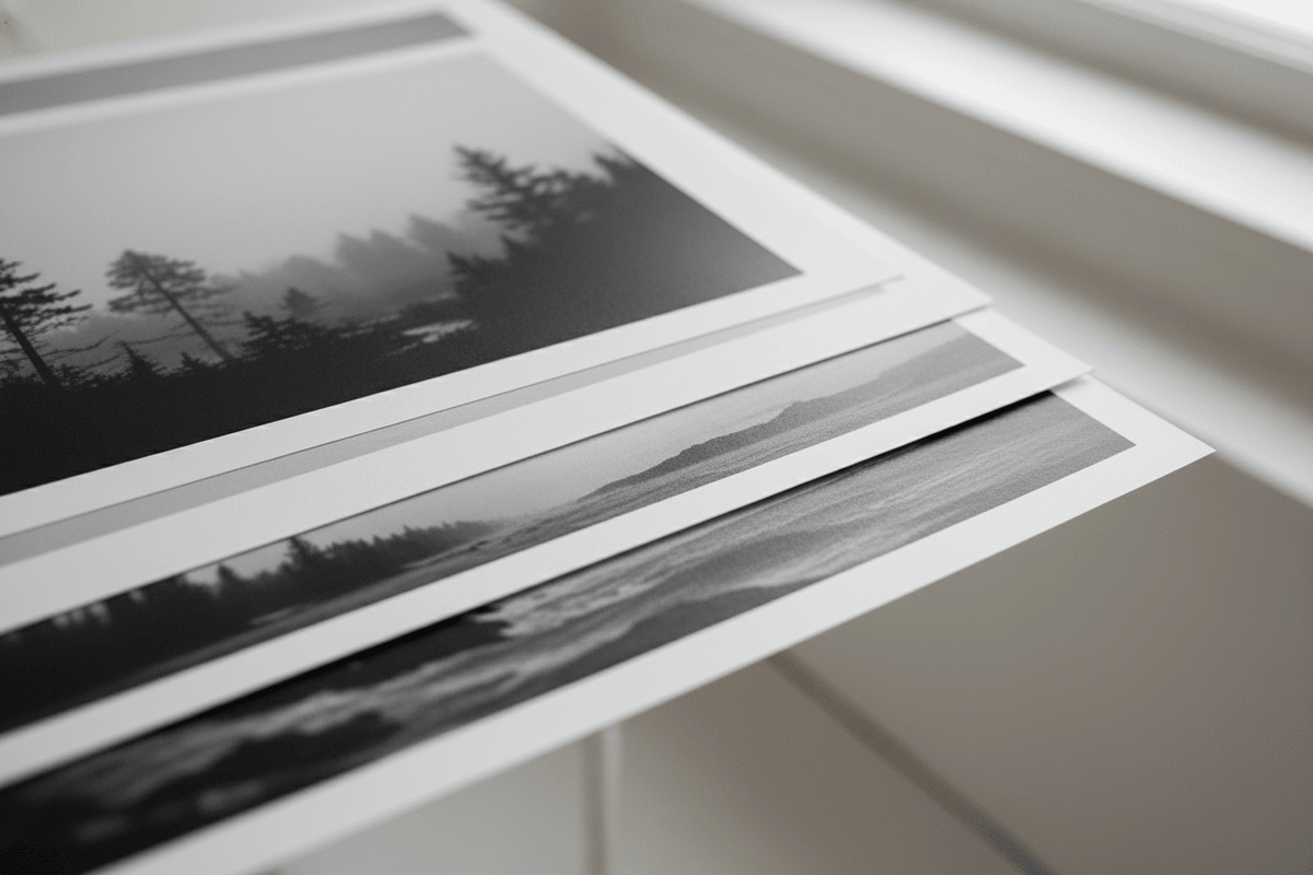 Close-up macro shot of white matte paper showing natural, smooth uncoated finish and luxurious texture. Natural window light, soft diffused. The paper has a 200 gsm weight, showing subtle texture and depth. Editorial lifestyle realism, 50mm lens at ~f/4, shallow depth of field. Tactile detail on paper surface, natural texture. Kodak Portra 400 filmic color, gentle contrast. Composition uses rule of thirds with generous negative space. The paper feels luxurious to the touch, showcasing the premium quality.