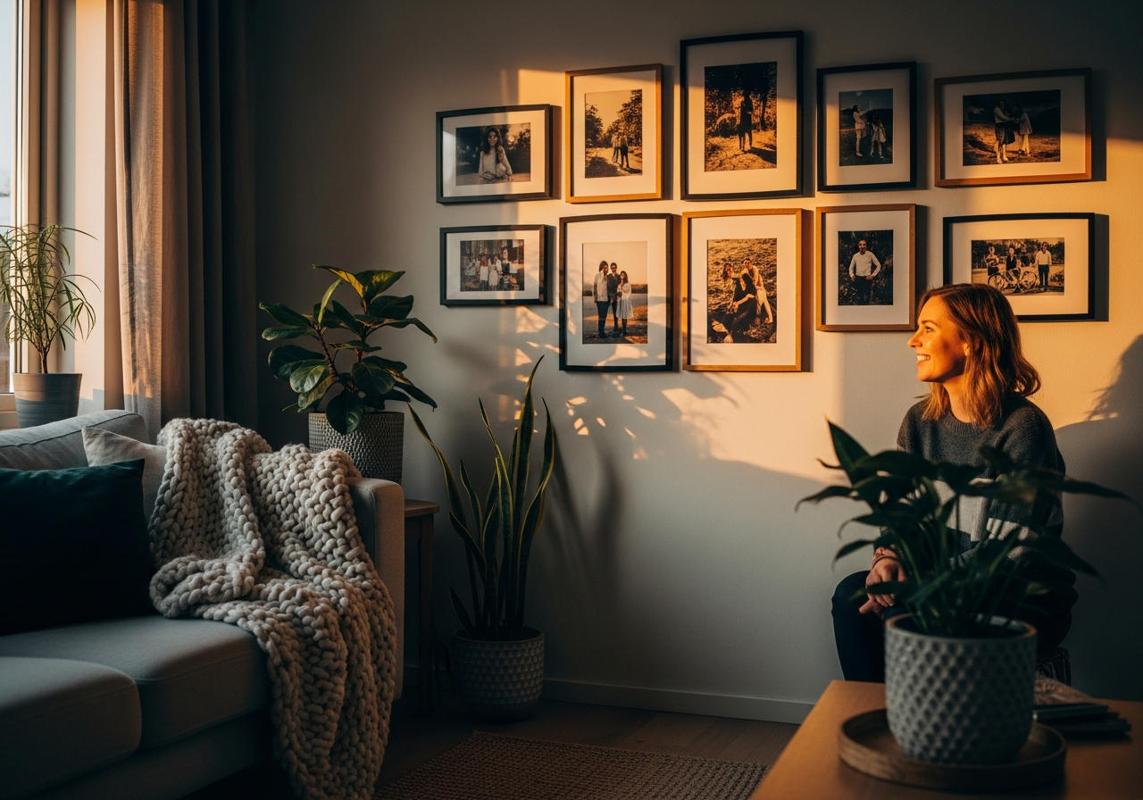 The same living room, now transformed with a beautiful, asymmetrical gallery wall of 12 framed photos in mixed black and oak frames. Golden light streams through the window, illuminating the space. Cozy plants and soft textiles add warmth and texture. The shot captures the feeling of a house that has become a home, with Sarah smiling as she looks at the wall. Editorial lifestyle photo, 35mm lens, slightly desaturated tones.