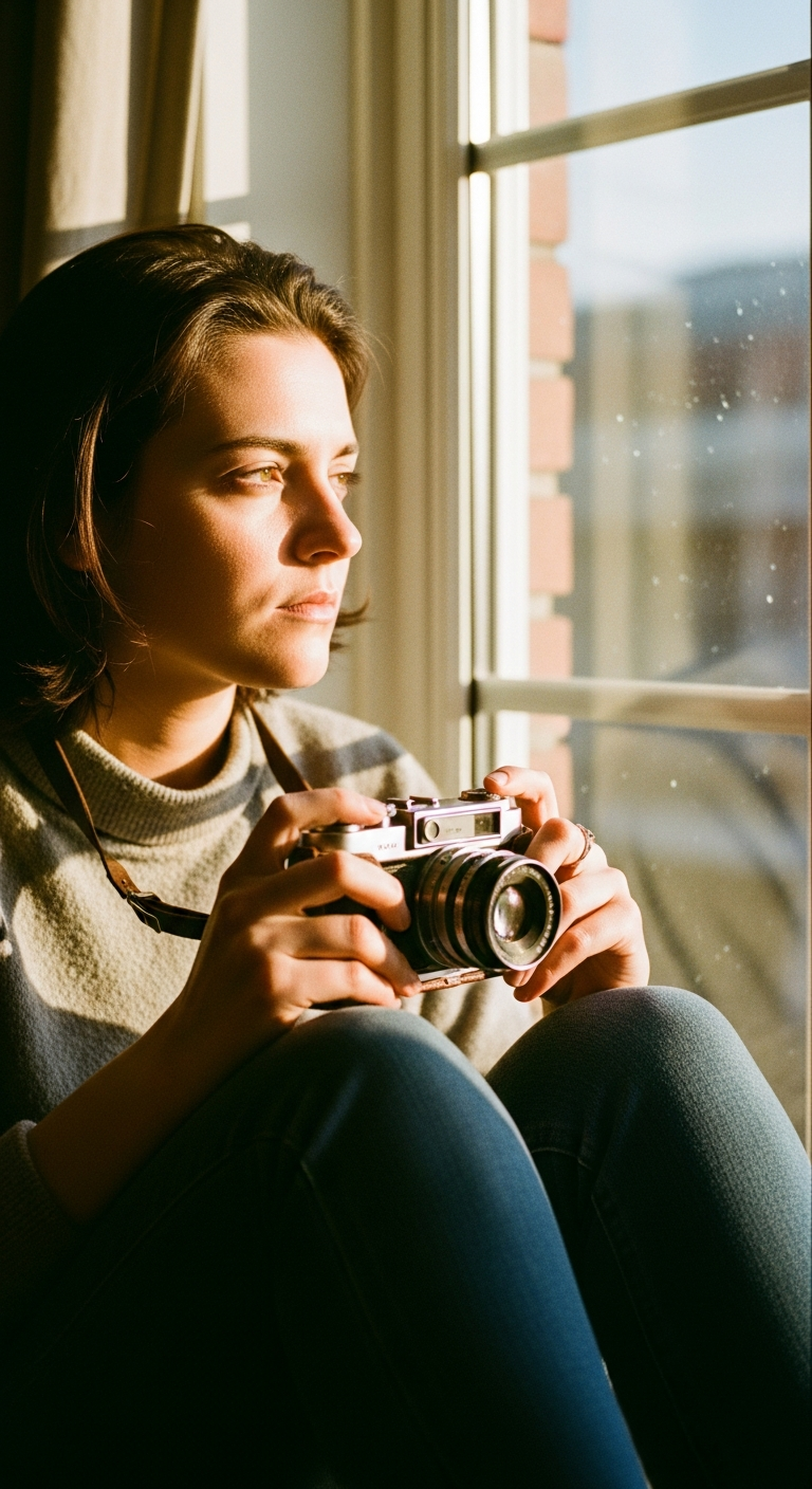 A dramatic portrait of a person sitting by a large window. Golden-hour sunlight streams in, illuminating one side of their face and creating soft, long shadows. They are holding a vintage camera.
